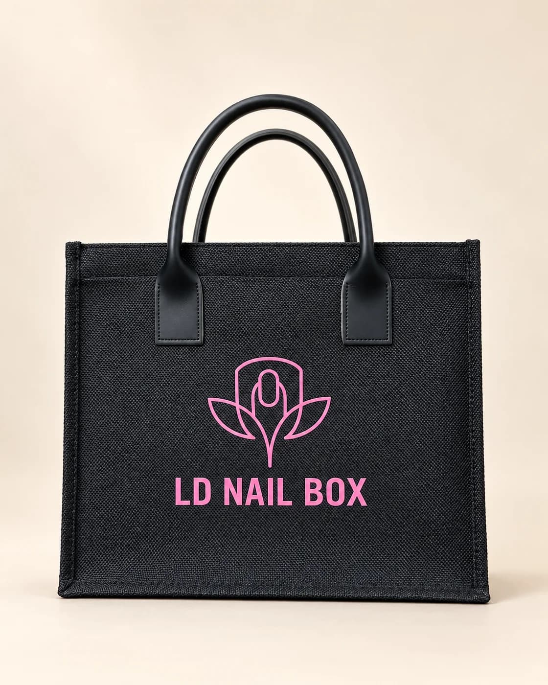 Túi đay đen quai da đen in logo hồng LD Nail Box