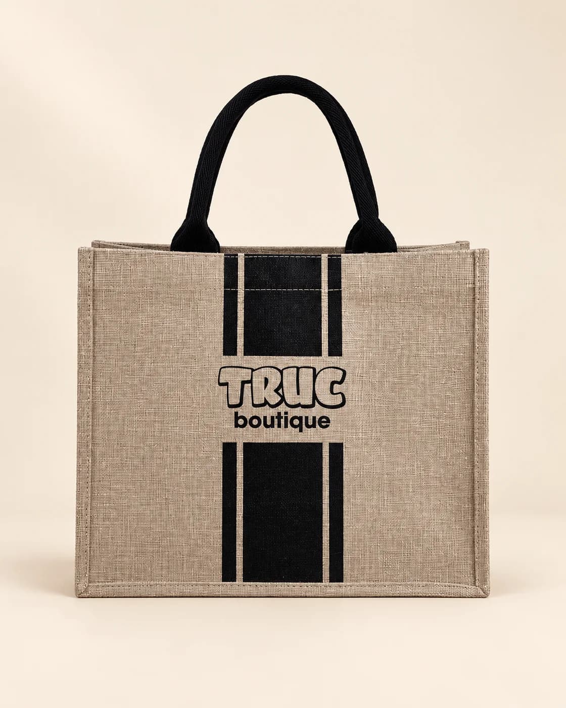 Túi đay dệt phối sọc đen quai đen in chữ TRUC boutique